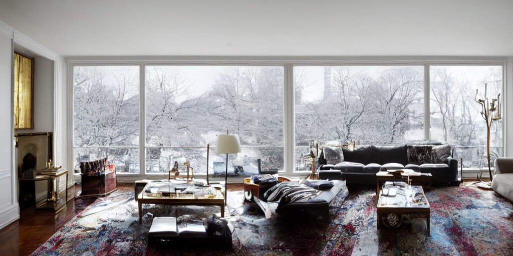 wide angle photograph, atmospheric, outside window ice winter snow, detailed, realistic lighting, sunlight, reflections, award winning contemporary interior design by kelly wearstler and nate berkus, living room, city apartment, cozy calm! fabrics textiles, books, paintings, colorful accents, brass copper, many light sources, lamps, oiled hardwood floor, plants, book shelves, couch, desk, mirrors 