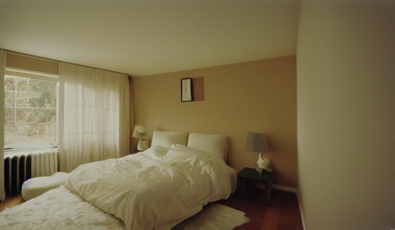 A bedroom designed by Peter Saville, 35mm film, long shot