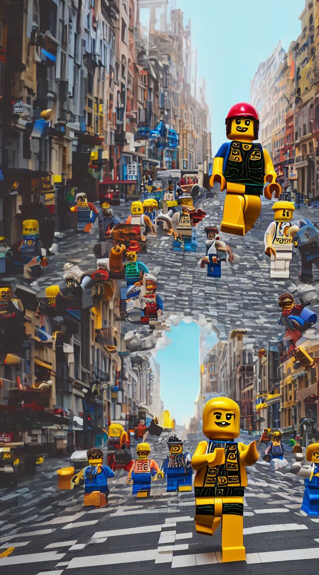 hyperrealistic giant enormous lego minifigure walking over city street, street view, epic lighting, composition, view from ground, buildings, cars, sky 