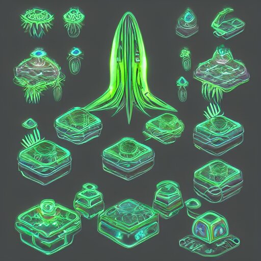 concept art 2 d game asset of furniture with an organic isometric design based on bioluminescent alien - like plants inspired by the avatar's bioluminescent alien nature. around the furniture, we can see plants that glow in the dark. all in isometric perspective and semi - realistic style item is in a black background colorful neons masterpiece 