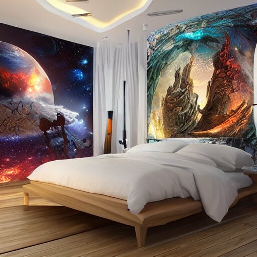 a cozy bedroom interior with wall murals of incredible fantasy space art, detailed, high resolution, wow!, intricate, volumetric lighting, raytracing 