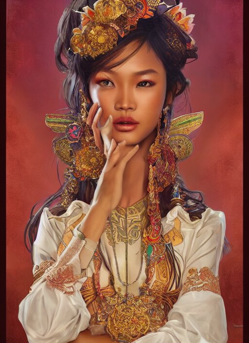 portrait of an indonesian supermodels wearing traditional costume, highly detailed, digital painting, artstation, concept art, sharp focus, illustration, art by kittichai rueangchaichan and james gurney and alphonse mucha 