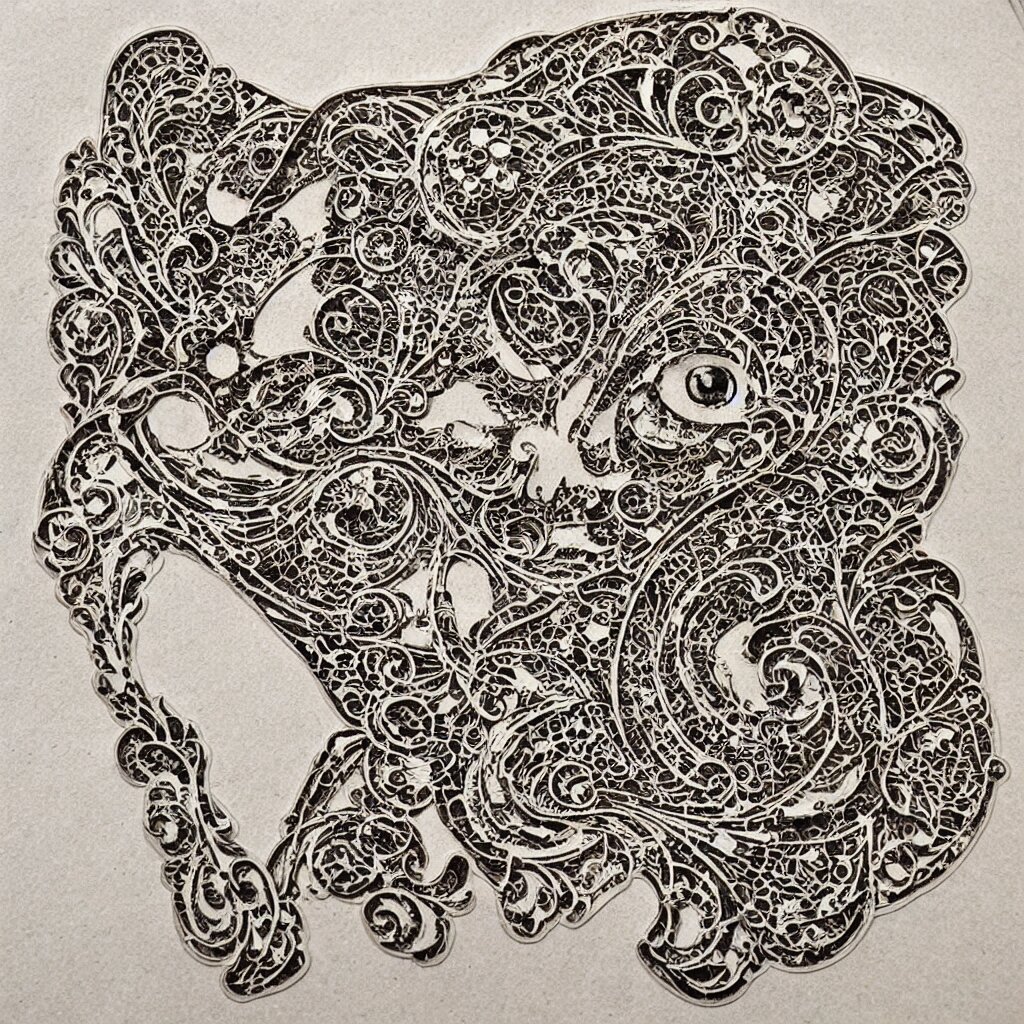 vintage art nouveau style sticker, cat as a cyborg, detailed filigree fretwork lacework