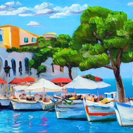 small cafe in italy, capri coast, sea, sunny day, summer, clouds on the sky, oil painting style, 