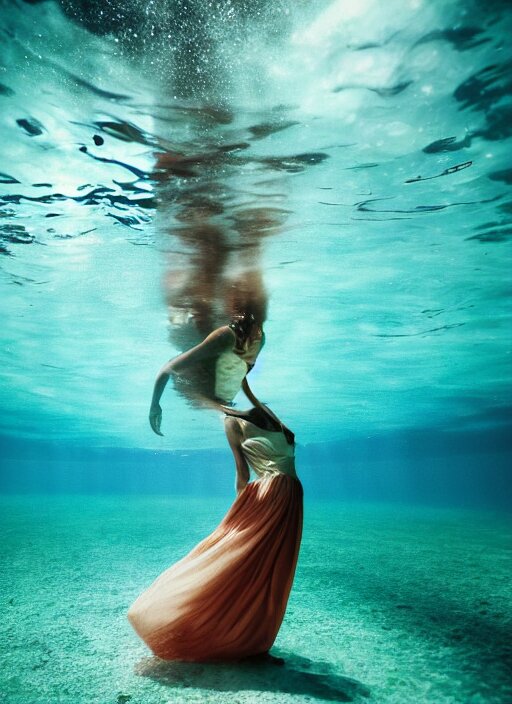 girl in a long dress swimming underwater, caustics, surreal underwater photography