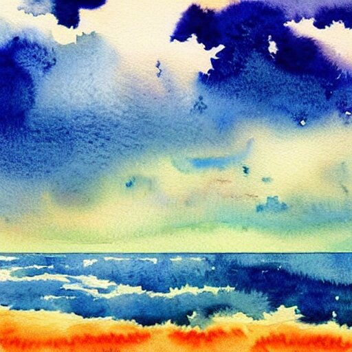 a beautiful watercolor painting of a beautiful ocean with peaceful fluffy clouds in the sky 