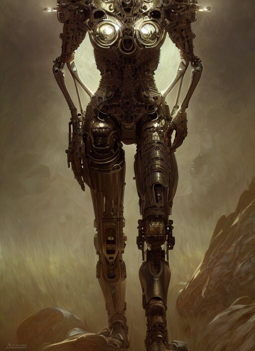 organic cyborg wolf, full body, diffuse lighting, fantasy, intricate, elegant, highly detailed, lifelike, photorealistic, digital painting, artstation, illustration, concept art, smooth, sharp focus, art by John Collier and Albert Aublet and Krenz Cushart and Artem Demura and Alphonse Mucha