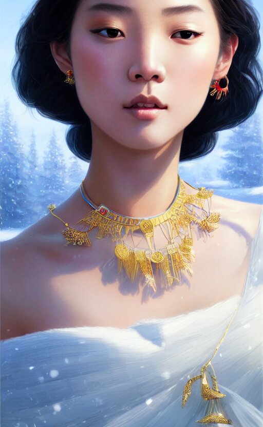 a beautiful young charming asian goddess with sundress + jewelry + shinny eyes | | winter, symmetric, realistic shaded, unpleasant face, good looking, fine details, dior, lv, realistic shaded lighting poster by greg rutkowski, macoto takahashi, magali villeneuve, artgerm, jeremy lipkin and michael garmash 