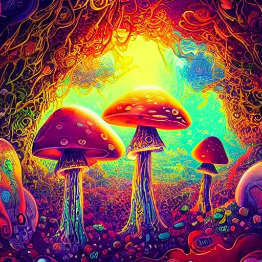 trippy mushrooms, acrilic paint, digital, artstation, detailed intricate ink illustration, heavenly atmosphere, digital art, overdetailed art, concept art, complementing colors, trending on artstation, cgstudio, the most beautiful image ever created, dramatic, subtle details 