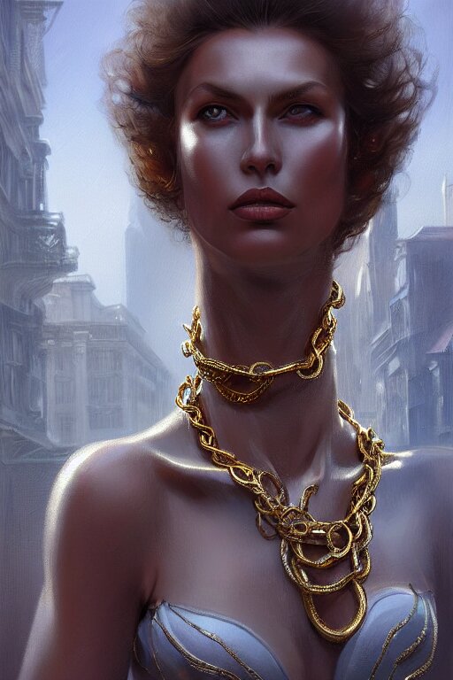 fullbody potrait of schitzophrenic woman in street, woman is wearing chains, hyper realistic, intricate, elegant, highly detailed, digital painting, artstation, concept art, matte, sharp focus art by boris vallejo and greg rutkowski, smooth, sharp focus, illustration 