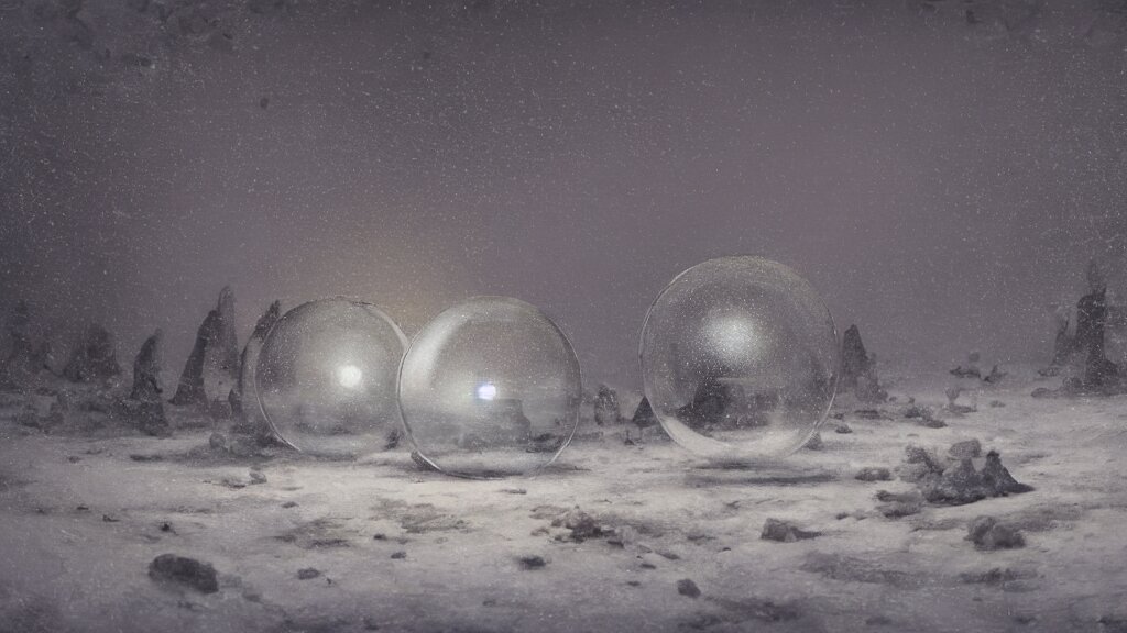 a surreal dreamlike scene of transparent spheres containing miniature cities floating over a barren snowy landscape, somber melancholic matte painting, highly detailed oil painting, liminal space, 8k, stillness, solitude, icy cold pale silent atmosphere, masterpiece