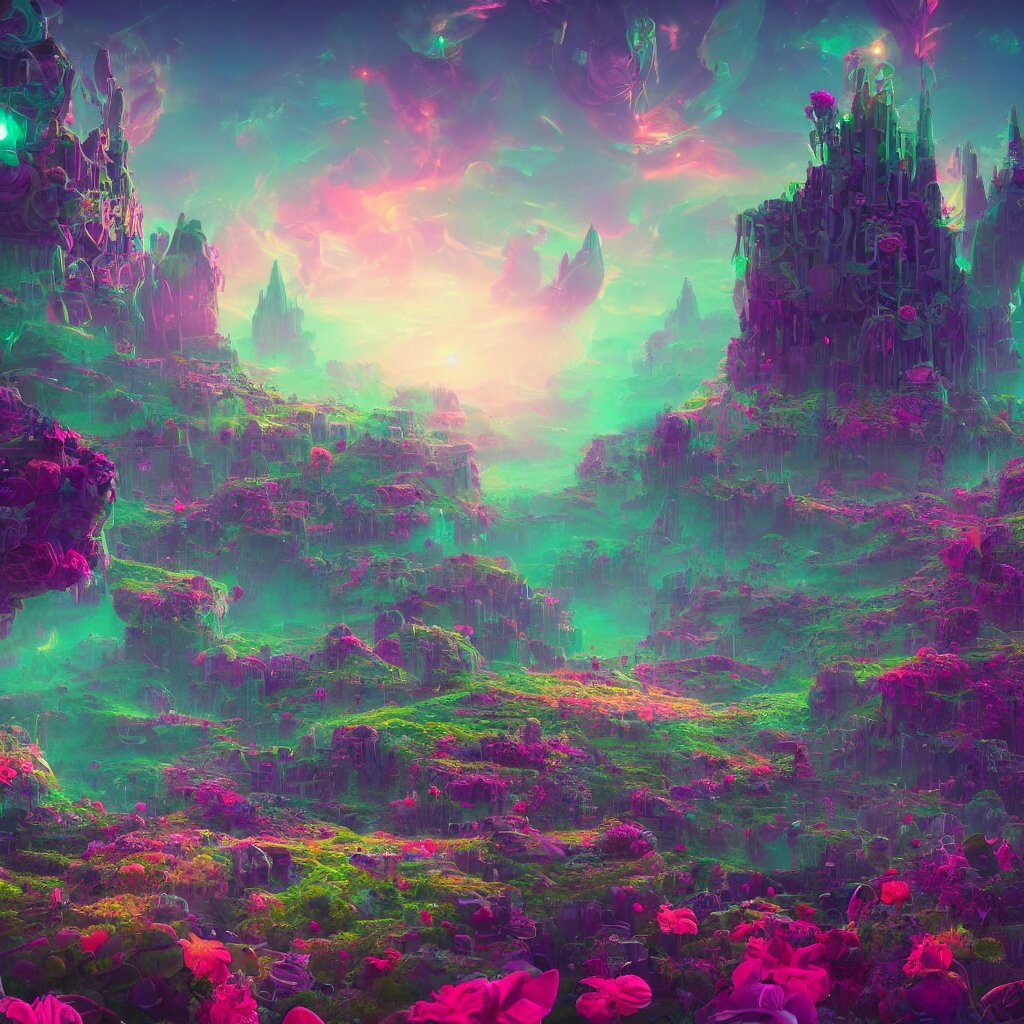 concept art, a world full of life divine thrill of the biological tranquil sky, atoms floating, cosmic horror, gothic harts, flowers, artwork by beeple and lisa frank, fantasy art, high - detailed, 8 k, uhd 