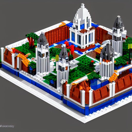 isometric view of a lego church, lego bricks, model church, geometric isometric view 