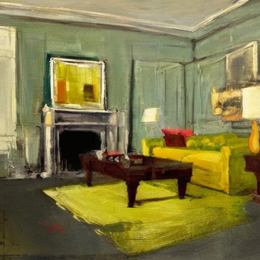 a modern living room with green sofa, red carpet and yellow table, painting by jeremy mann 