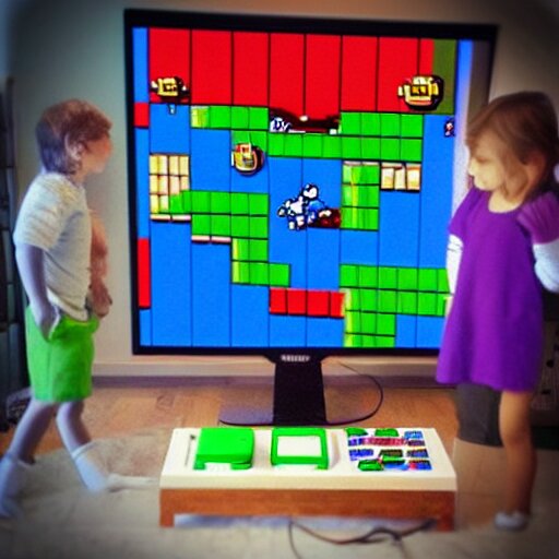 “Mario playing Super Mario on a large flat screen TV, digital art, touching, soft shadows, pop art, unreal engine”