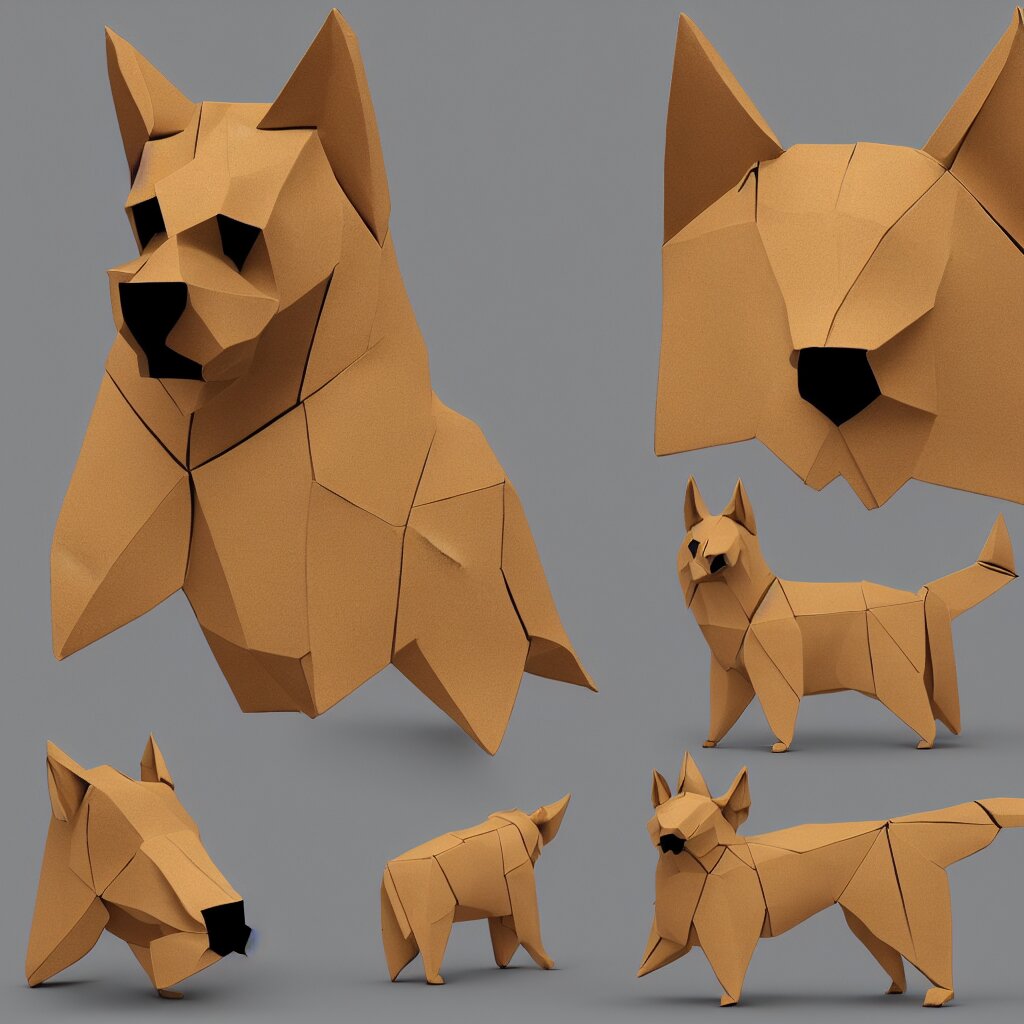 3 d rendering of japanese cardboard origami of simplified shape of german shepherd, 2 d image, trending on artstation 