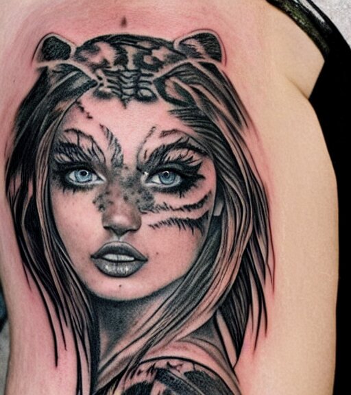 tattoo design of a beautiful girl warrior under a tiger head, hyper realistic, realism tattoo, by eliot kohek, beautiful eyes, realistic face, black and white, white background 