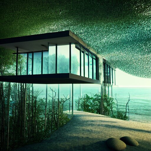 a modern house made of glass on a beach near a beautiful fantasy forest, digital art, epic composition, hd, 4 k, octane renderer, professional, intricate detail 