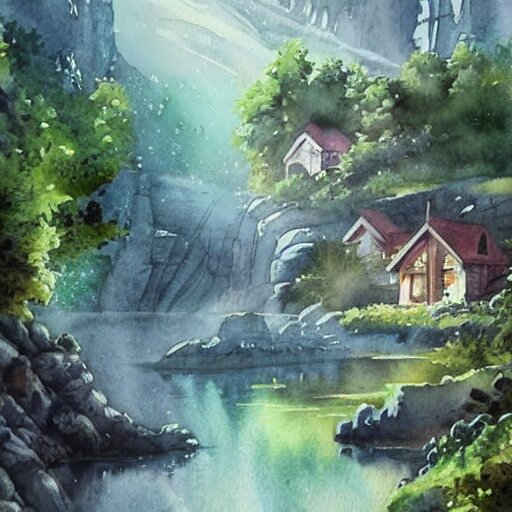 beautiful happy picturesque charming sci - fi organic homes in a beautiful natural scene. water, trees and rocks. beautiful light. grainy and rough. soft colour scheme. beautiful artistic detailed watercolor by lurid. ( 2 0 2 2 ) 