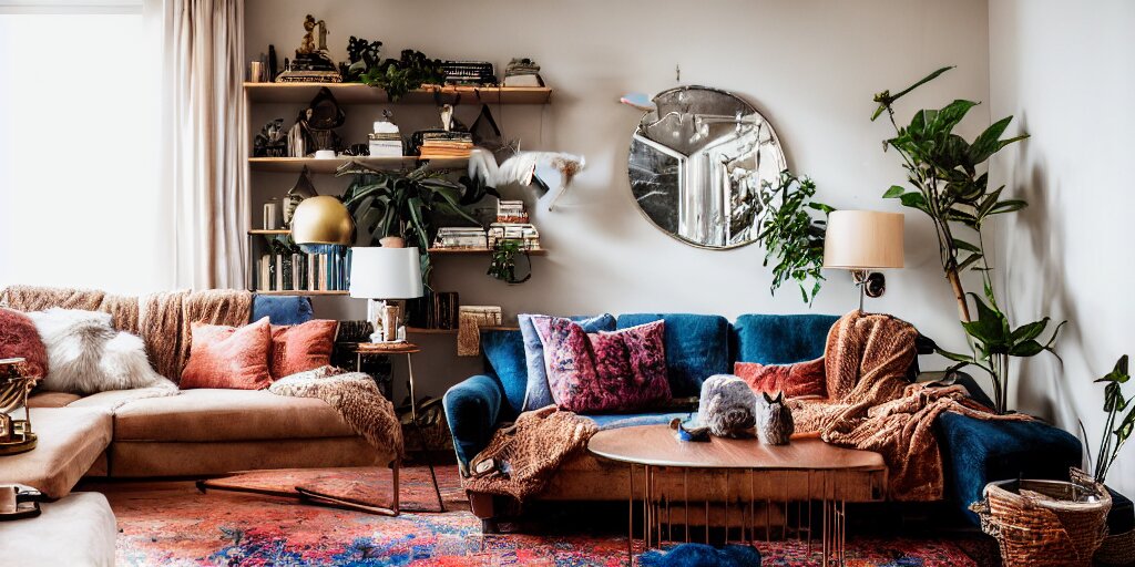 insanely detailed wide angle photograph, atmospheric, award winning interior design living room, cat, dusk, cozy and calm, fabrics and textiles, colorful accents, brass, copper, secluded, many light sources, lamps, hardwood floors, book shelf, couch, desk, balcony door, plants