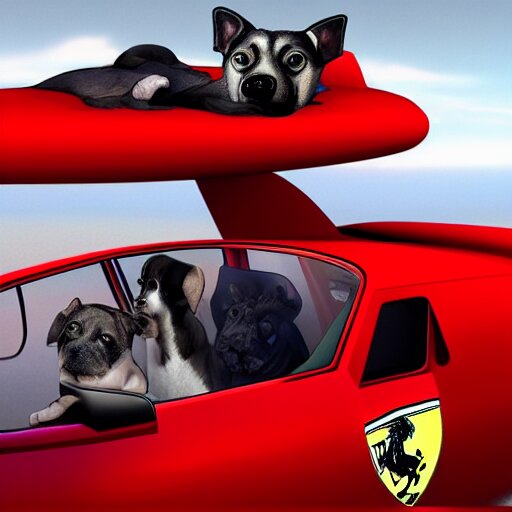 digital art, trending on artstation, a ferrari aircraft, driven by an american stanford, in an alternate world, in which humans are pets of dogs 