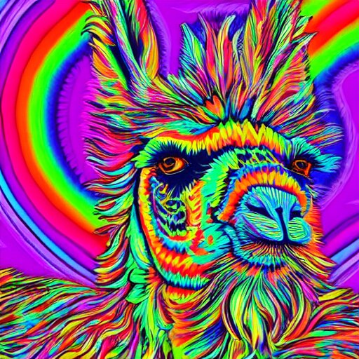 psychedelic, photorealistic, colorfully llama in a maximalist style on a background that fades to black 