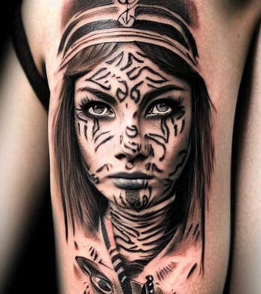 tattoo design of a beautiful girl warrior below a tiger head, hyper realistic, realism tattoo, by eliot kohek, beautiful eyes, realistic face, black and white, white background 