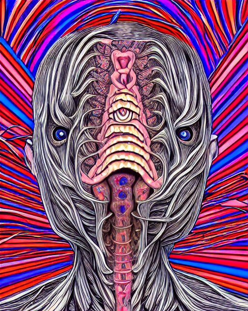 human body breaking away, conjuring psychedelic illustration, part by shintaro kago, part by alex gray, ultra realistic, highly detailed, 8 k, symmetry, fractals, grotesque, vibrant 