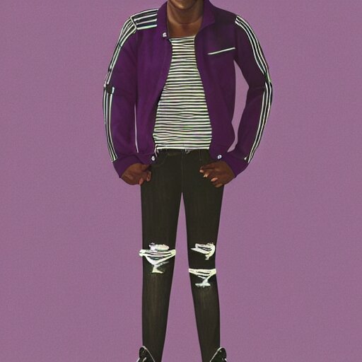 professional sketch of a full-body view of a stylish young adult man with short hair wearing a black face mask, a striped long-sleeved shirt, and ripped jeans, high quality, HD, 8K, highly detailed, award-winning, dark purple clouds