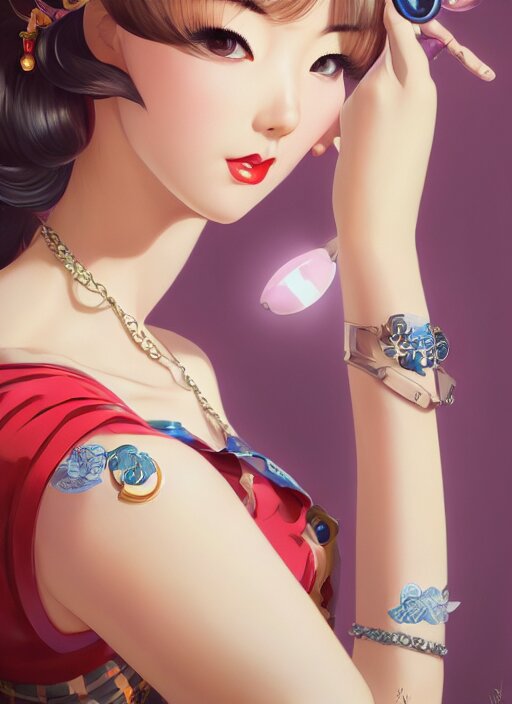 a pin up and beautiful fashion dreamlke japan girl with lv jewelry, character art, art by artgerm, wlop, loish, ilya kuvshinov, hyperdetailed, 8 k realistic, symmetrical, global illumination, radiant light, frostbite 3 engine, cryengine, dof, trending on artstation, digital art, chanel, dior, fantasy and detailed and intricate background 