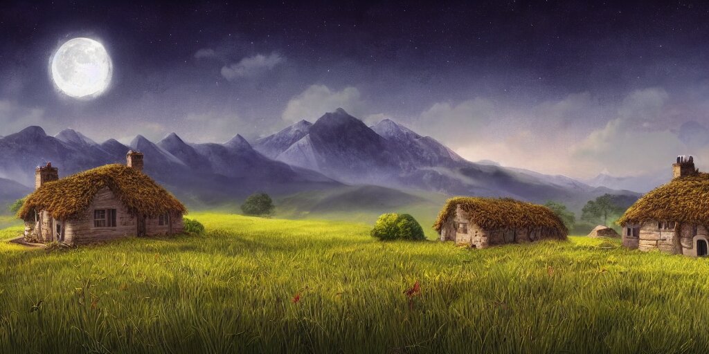 Grassy fields with large mountains in the distance, small cottage in the foreground, nighttime, moon in the night sky, landscape wallpaper, d&d art, fantasy, painted, 4k, high detail, sharp focus