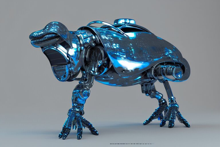 futuristic metal cybernetic!! dino!!! white blue grey, octane render, studio light, 