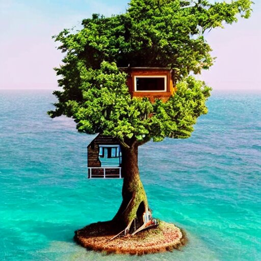 a tree with a tree house in it in the ocean 