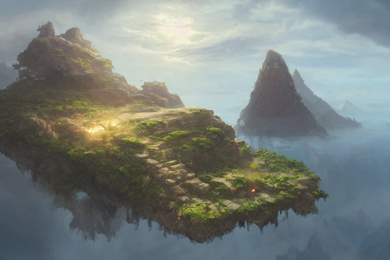 an island in the clouds, concept art, highly detailed, artstation, trending, widescreen resolution, feng zhu, shaddy safadi, noah bradley, tyler edlin, jordan grimmer, darek zabrocki, neil blevins, tuomas korpi 