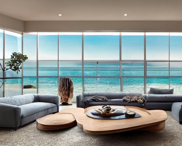 A modern living room inspired by the ocean, a luxurious wooden coffee table with large seashells on top in the center, amazing detail, 8k resolution, calm, relaxed style, harmony, wide angle shot