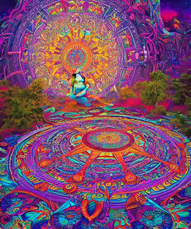 a psychedelic forest mandala on the ground, wide angle landscape shot, pixar style by tristan eaton, artgerm and tom bagshaw 