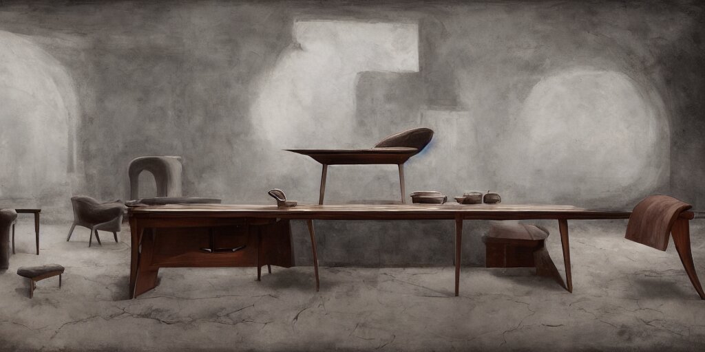 furniture designs in the style of Jordi Albinyana, design sheet, Les Edwards, Zdzislaw Beksinski, Carl Gustav Carus, John Harris, Michal Karcz, Zhang Kechun, Mikko Lagerstedt, Scott Listfield, Steven Outram, Jessica Rossier.