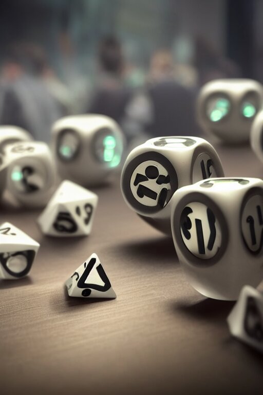 closeup, of one futuristic sci-fi Twenty sided dice, in the background players at a table that are in still high tech suites, bokeh, sharp focus, intricate concept art, highly detailed, 8k, cinematic, sharp focus