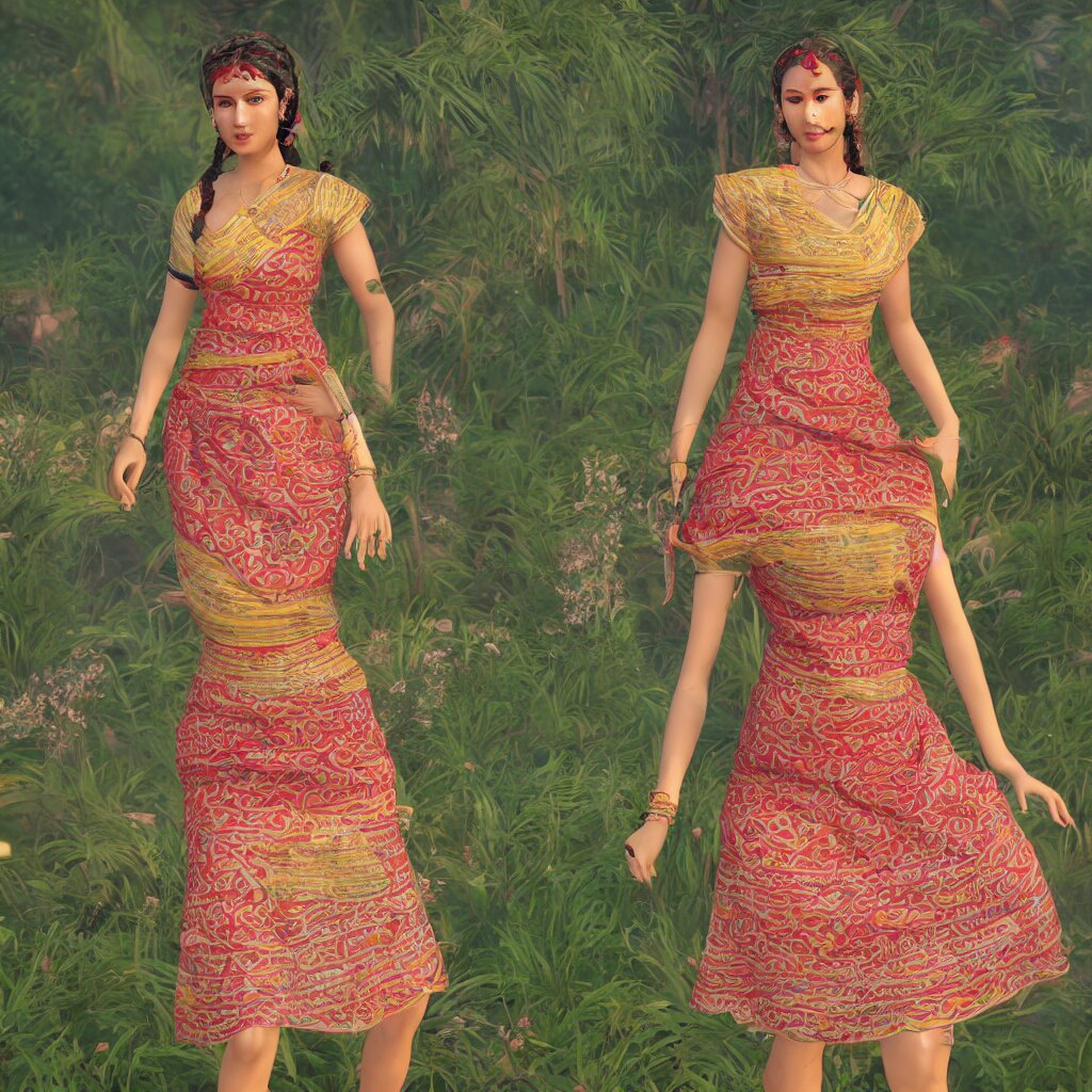 beautiful summer assamese mekehela bihu style floral gamosa dress ; flirtatious, boho - chic, sleeveless, elegant, short skirt length, slimmer demeanor, plethora of colors ; mini dress, highly detailed cute face by wlop ; octane render, unreal engine 5, trending on artstation, 8 k, symmetrical, cinematic, high coherence, hdr fabric textures 