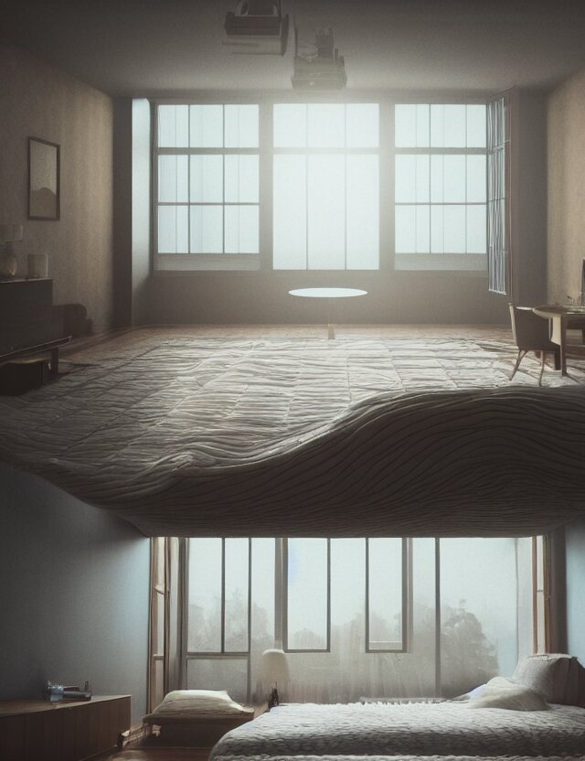 an ultra wide angle photo of a bed hovering above the floor in the middle of a giant bedroom with windows opening to other worlds by casey weldon and lee madgewick, photorealistic, octane render, recursive!!!!, flowing!!!!, cascading, multiverse!!!!, labyrinthine!!!! 