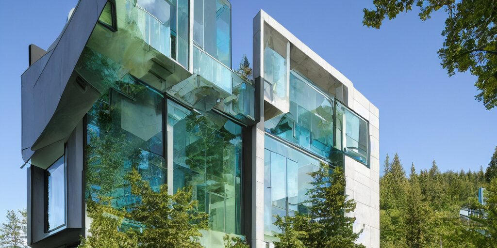 large futuristic residence, cascadian, blue concrete, large green glass windows, cuboid elements, blue metal 