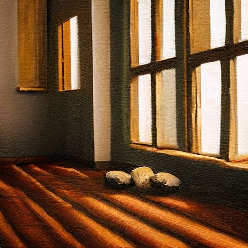 oil painting of mostly empty cottage interior, one small window with sunlight shining onto the floor. artistic. cozy. wooden floor. rustic. 