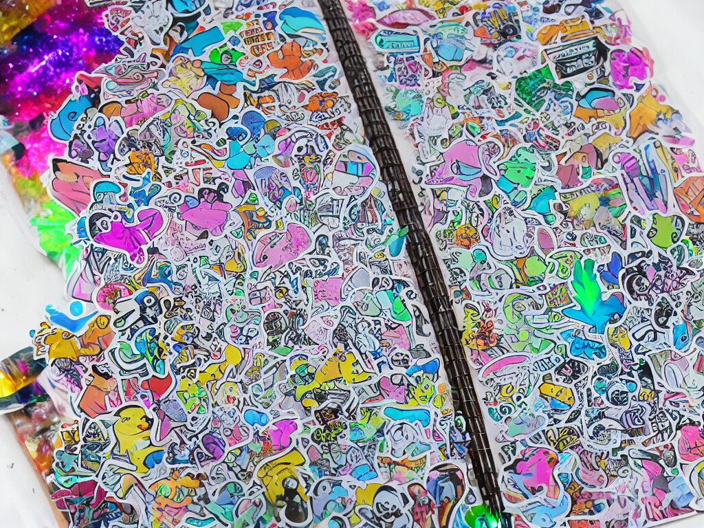 a school notebook covered in doodles, stickers, glitter, and holographic stickers