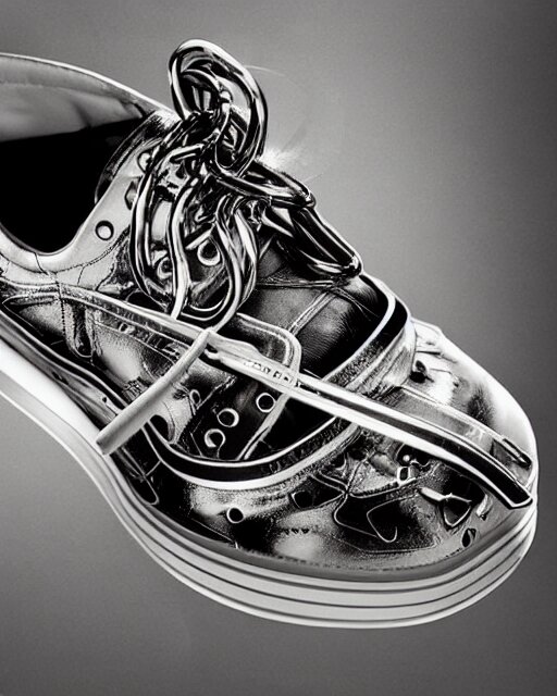 balenciaga sneakers made out of clock parts, hyper realism, high detail, extremely detailed, very sharp, award winning photo, in the style of vivian maier 