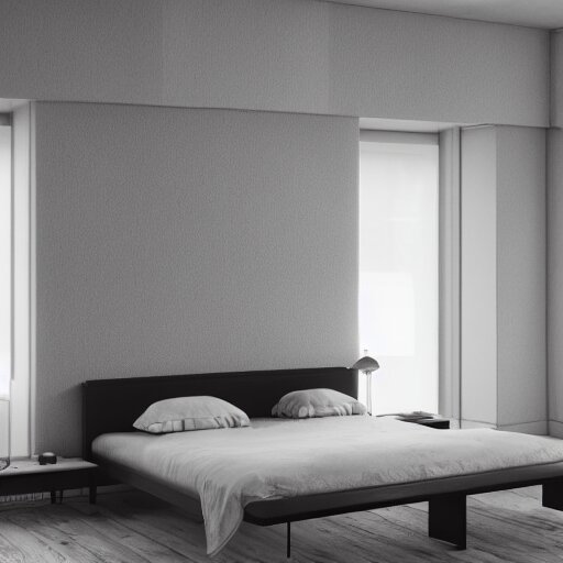 symmetry, parallax mapping of brutalist bedroom, minimalist architecture, minimalist furniture, octane render, high quality 