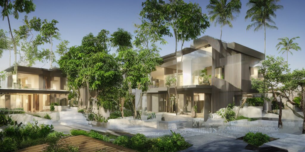 3d rendering  of beautiful nature meets architecture concept of a residential house. balinese architecture, volumetric lighting, high detail, 14mm,  glass railing, outdoor staircase, terraces, roof garden, cinematic photography, cg architects,  high resolution