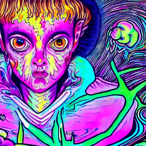 a psychedelic young godlike humanoid, hyper detailed, in the style of rutkowski and junji ito and bob ross and lisa frank, selfie 