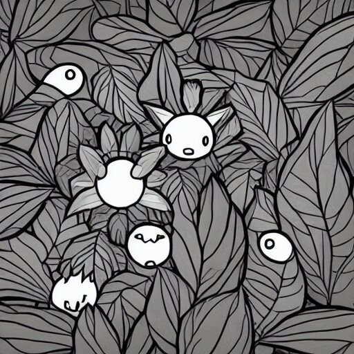 dark, cute, grayscale, void living'leaves bush'creature, bright eyes, pokemon, hayao miyazaki, digital illustration, clipart, cartoon 