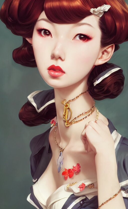 a pin up and beautiful fashion and charming and dreamlke japan girl with lv jewelry, character art, art by artgerm lau and kyoung hwan kim and and ilya kuvshinov and john singer sargent, hyperdetailed, 8 k realistic, symmetrical, frostbite 3 engine, cryengine, dof, trending on artstation, digital art 