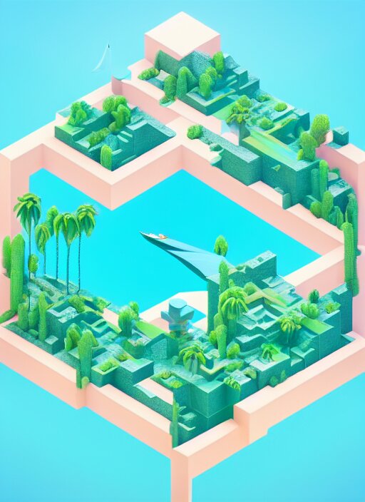 a low poly isometric render of lakshadweep, floral!, in the style of monument valley, intricate, elegant, smooth shading, soft lighting, illustration, simple, solid shapes, by magali villeneuve, jeremy lipkin and michael garmash, rob rey and kentaro miura style, octane render 